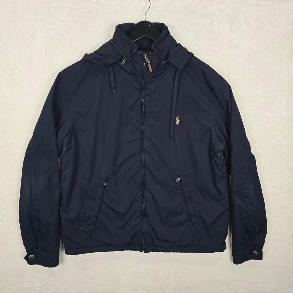 Polo Ralph Lauren Mens Navy Blue Windbreaker Jacket Stowaway Hood Fleece Lined L